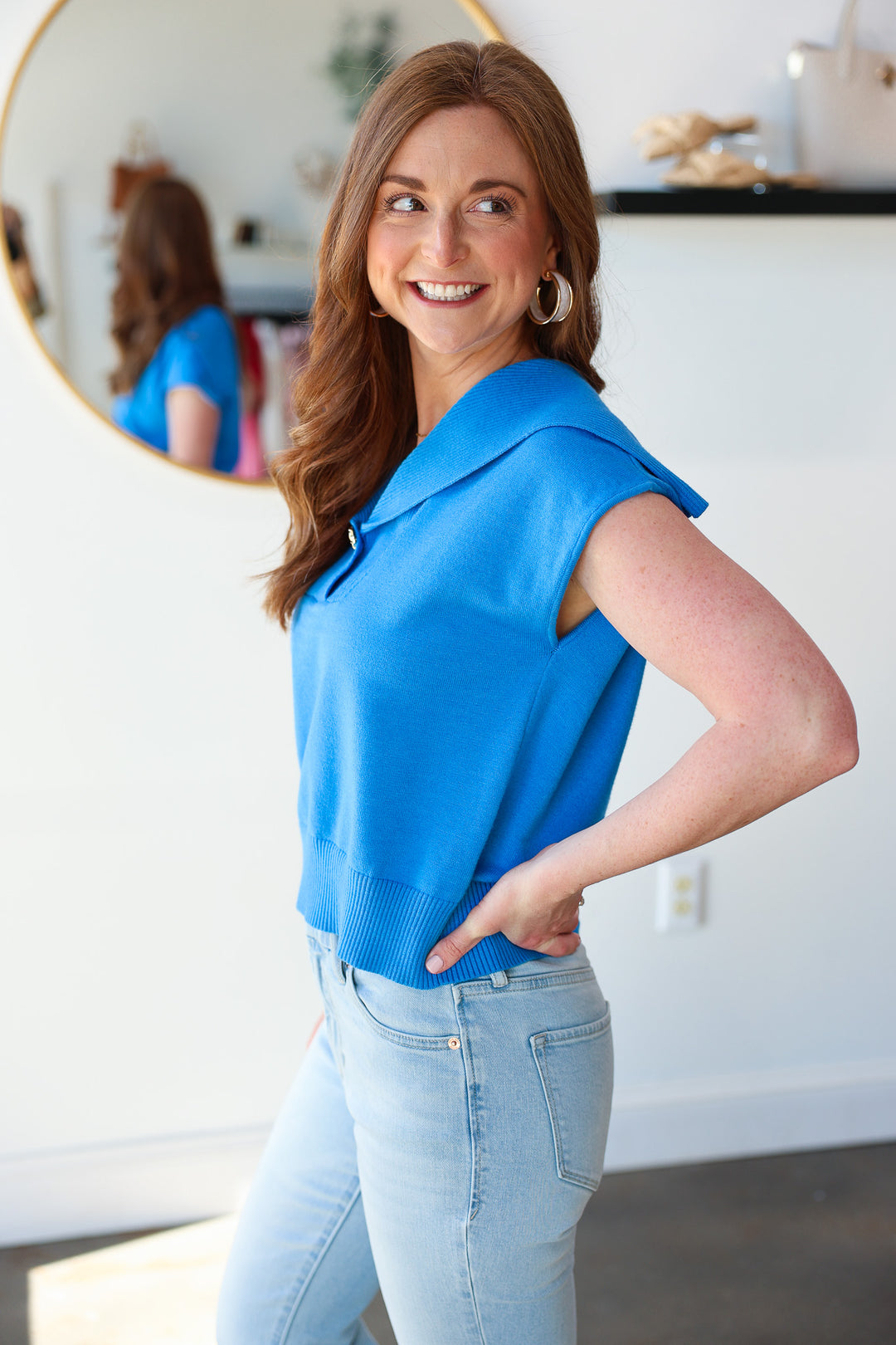 Oversized Collar Knit Top - Blue