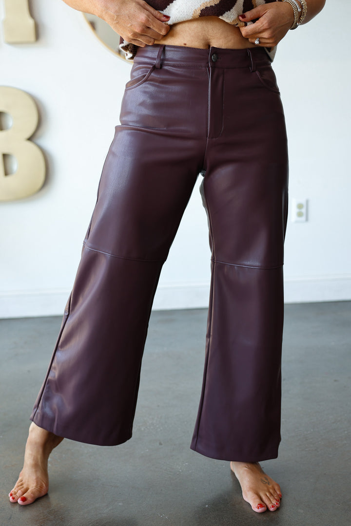Faux Leather Wide Leg Pants - Dark Chocolate
