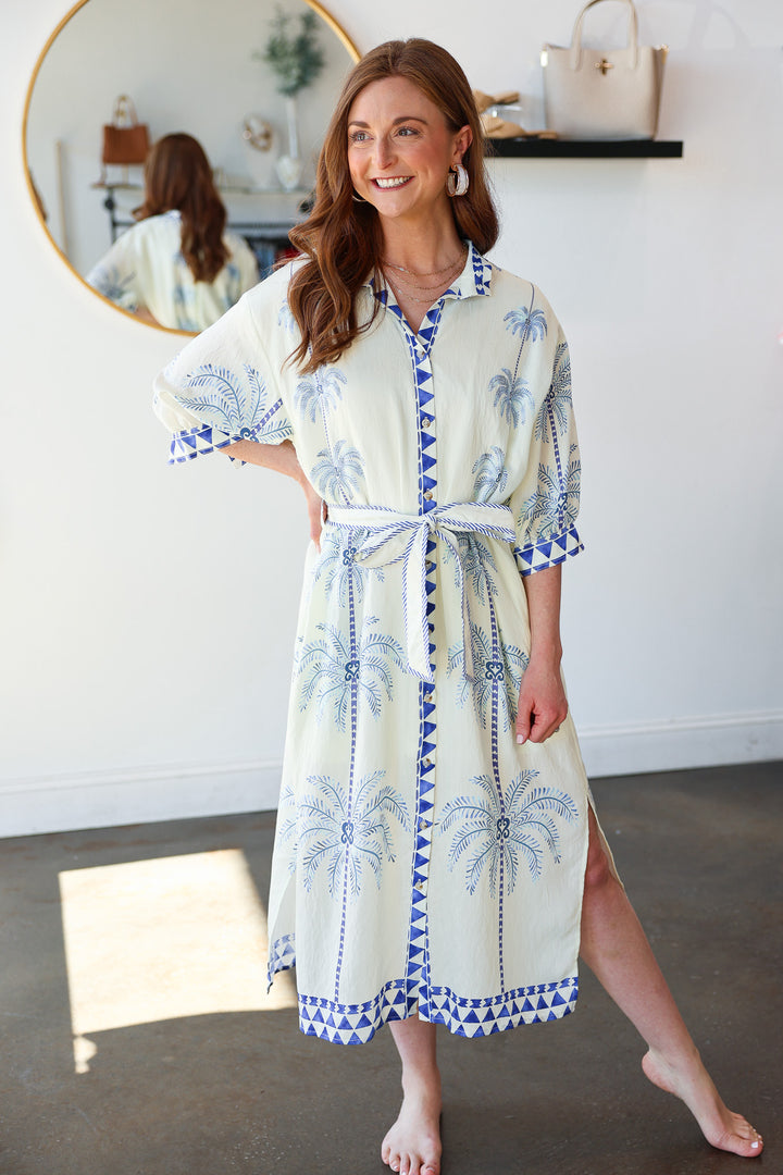 Palm Pattern Tie Waist Dress - Blue
