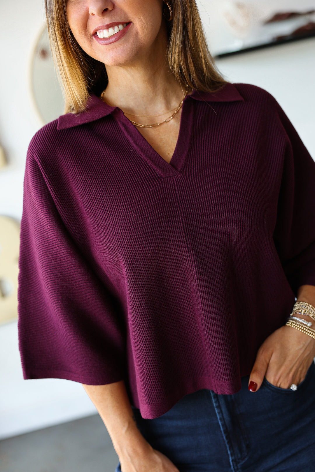 Ribbed Texture Sweater - Merlot