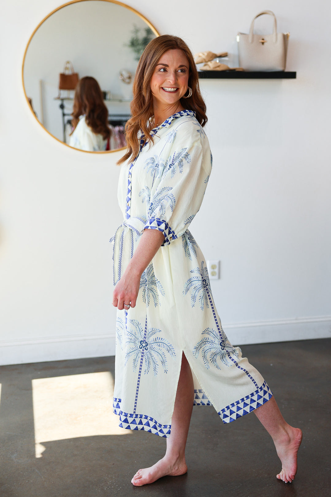 Palm Pattern Tie Waist Dress - Blue