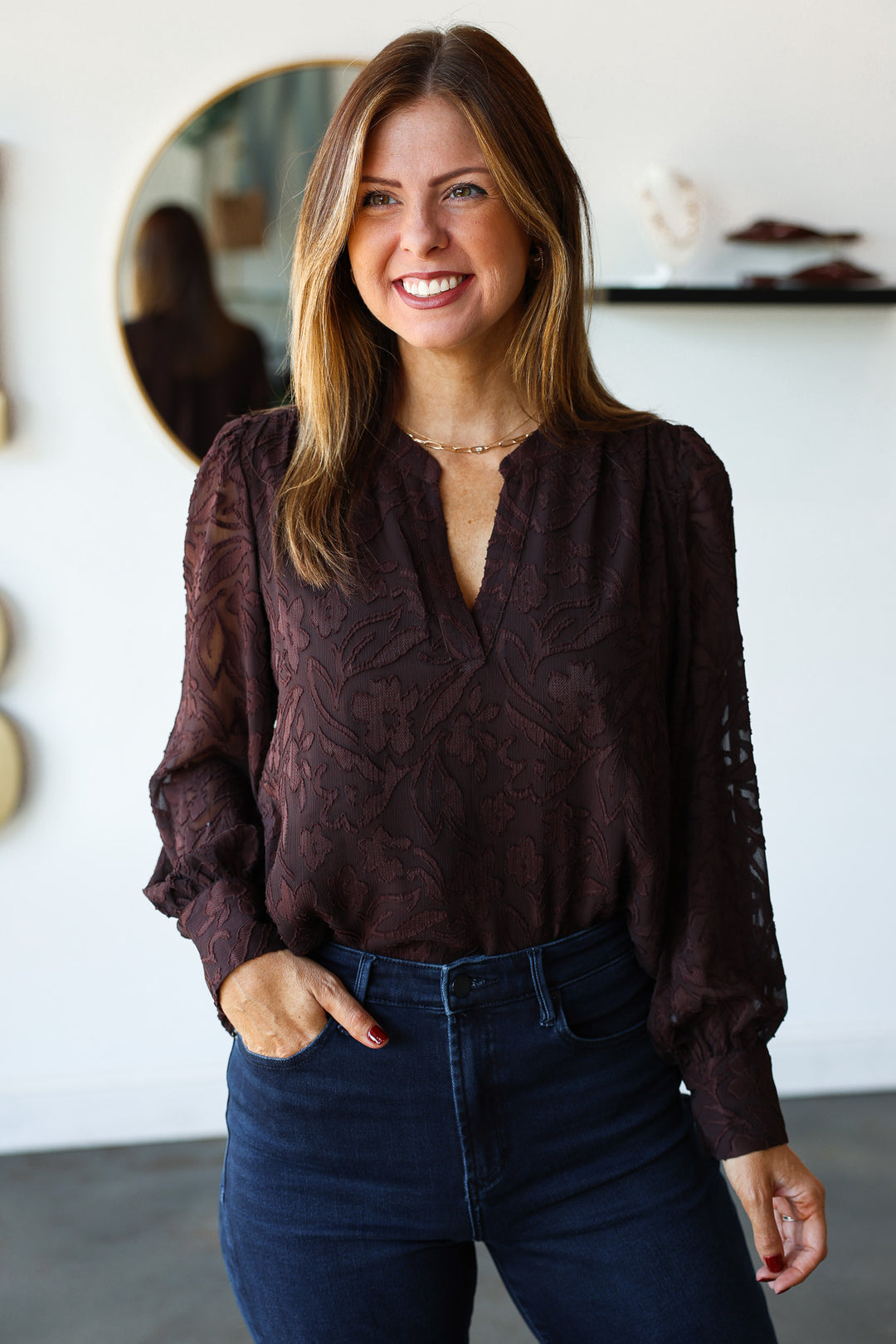 Floral Jacquard Blouse - Brown