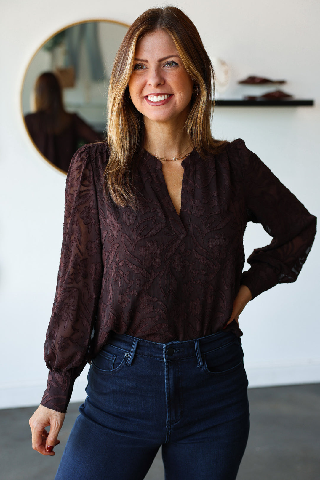 Floral Jacquard Blouse - Brown