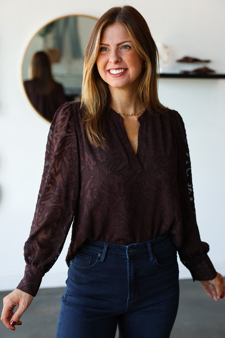 Floral Jacquard Blouse - Brown