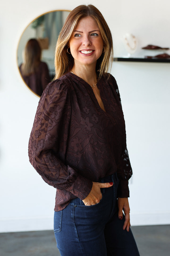 Floral Jacquard Blouse - Brown