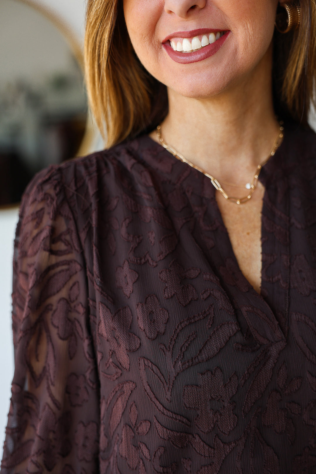 Floral Jacquard Blouse - Brown