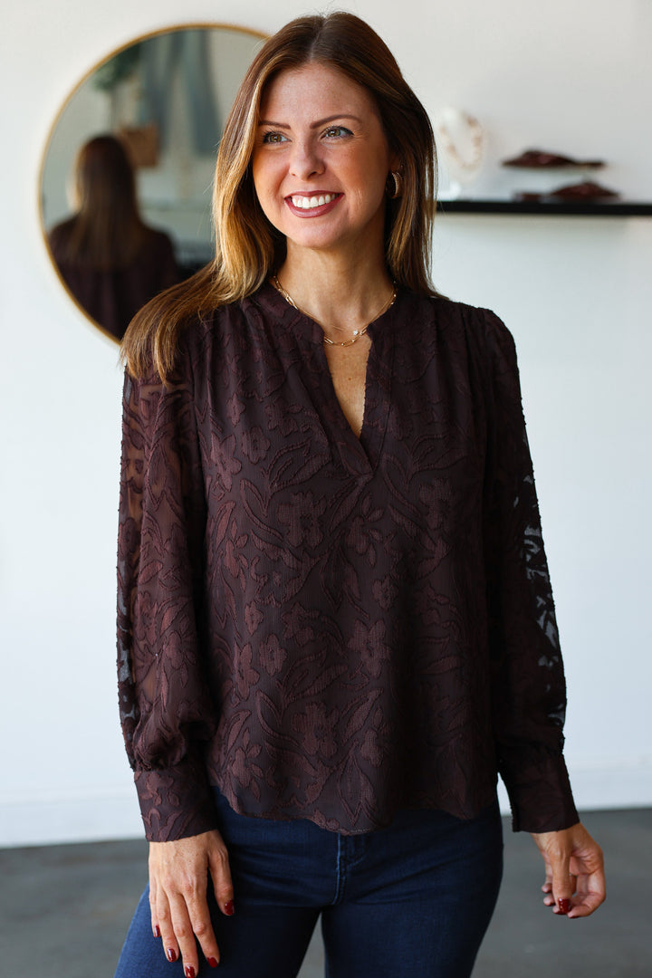 Floral Jacquard Blouse - Brown