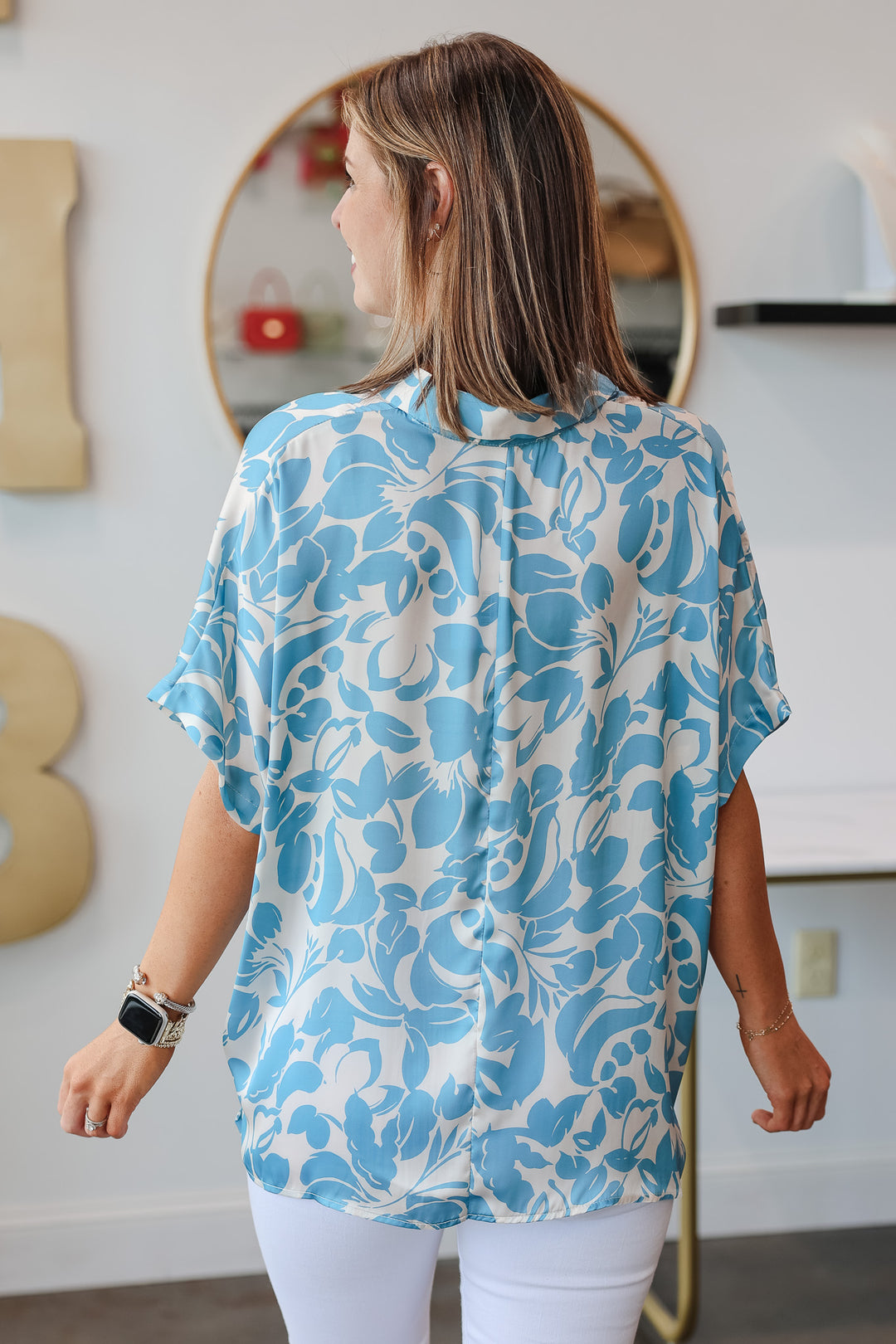 Printed Button Down Blouse - Blue