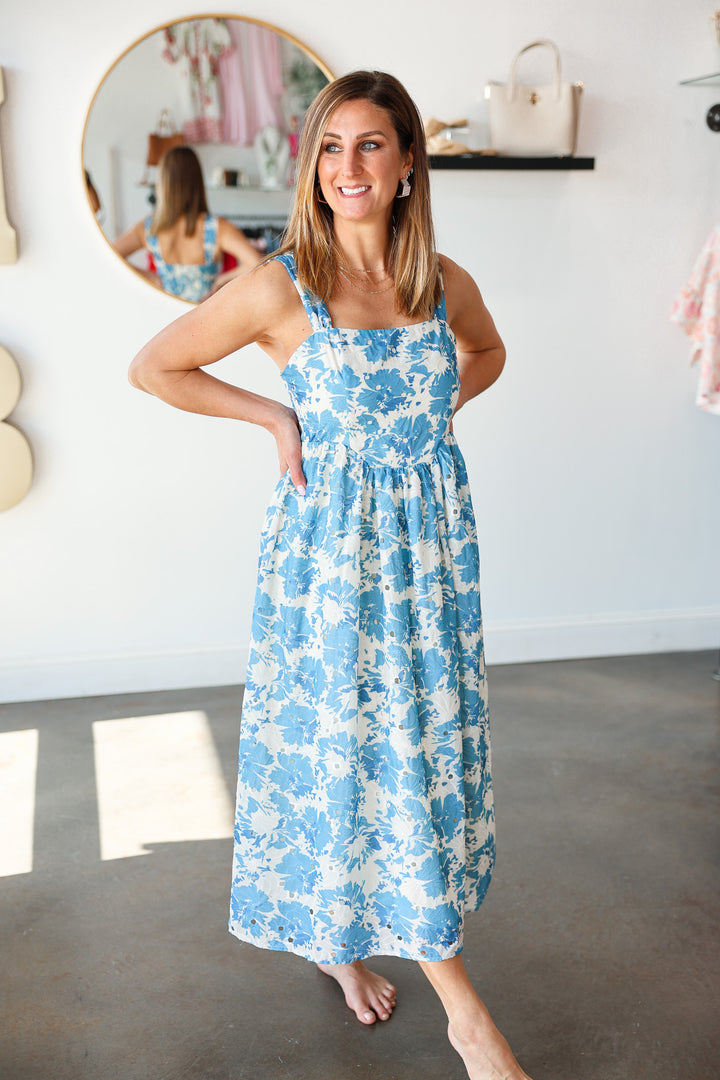 Floral Print Eyelet Midi Dress - Blue