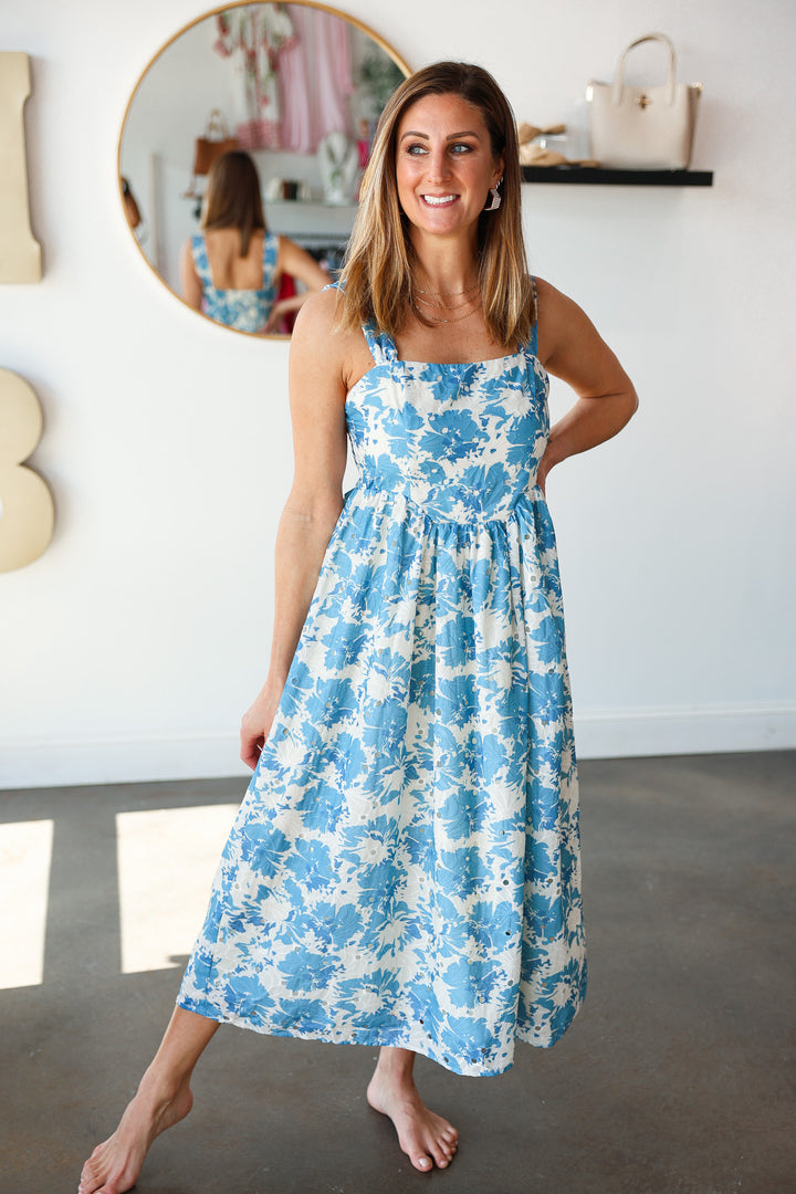 Floral Print Eyelet Midi Dress - Blue