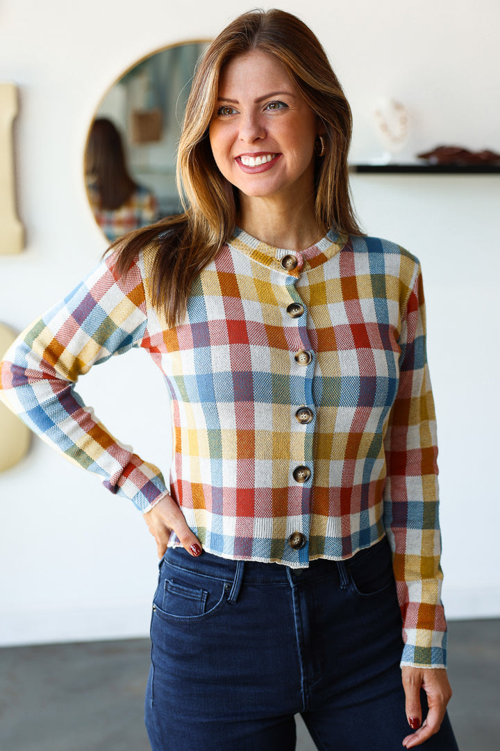 Checkered Button Front Cardigan