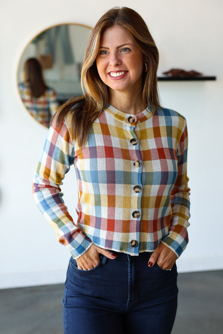 Checkered Button Front Cardigan