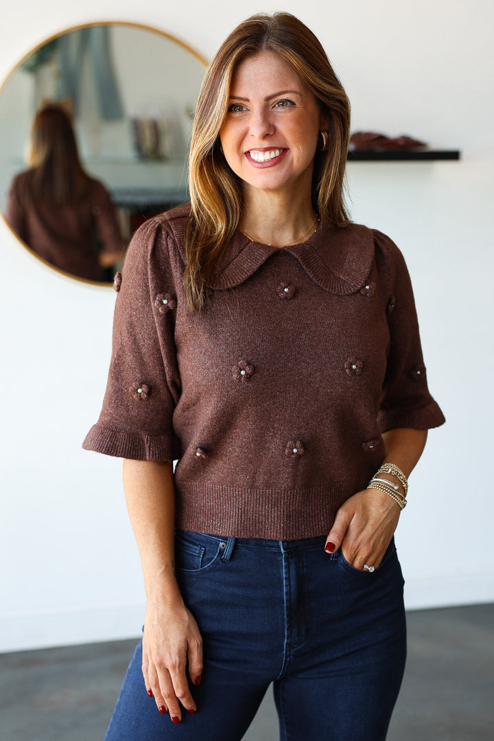Floral Embellished Sweater - Brown