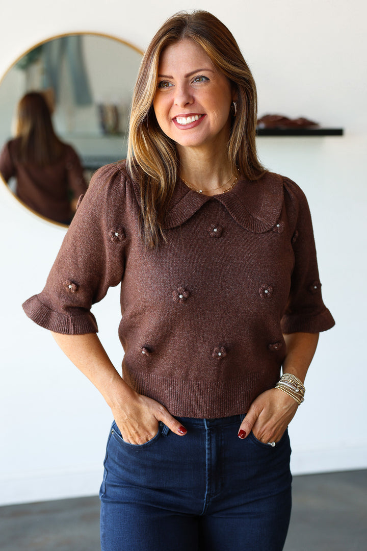 Floral Embellished Sweater - Brown