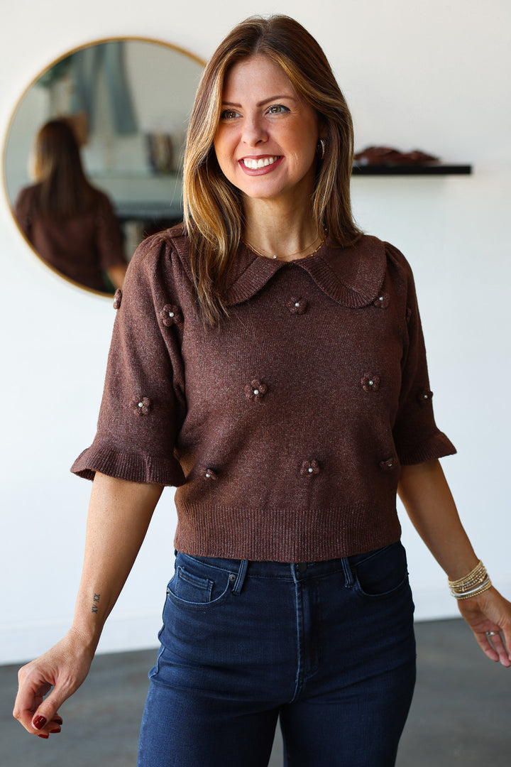 Floral Embellished Sweater - Brown