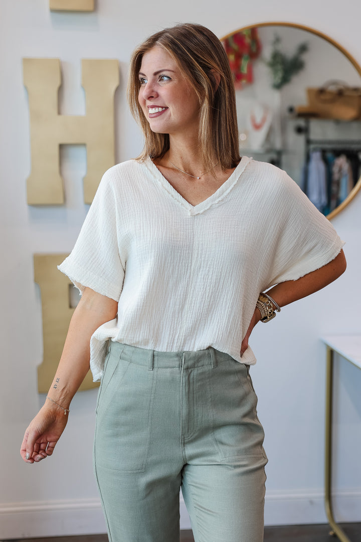 Raw Edge Gauze Top - Cream