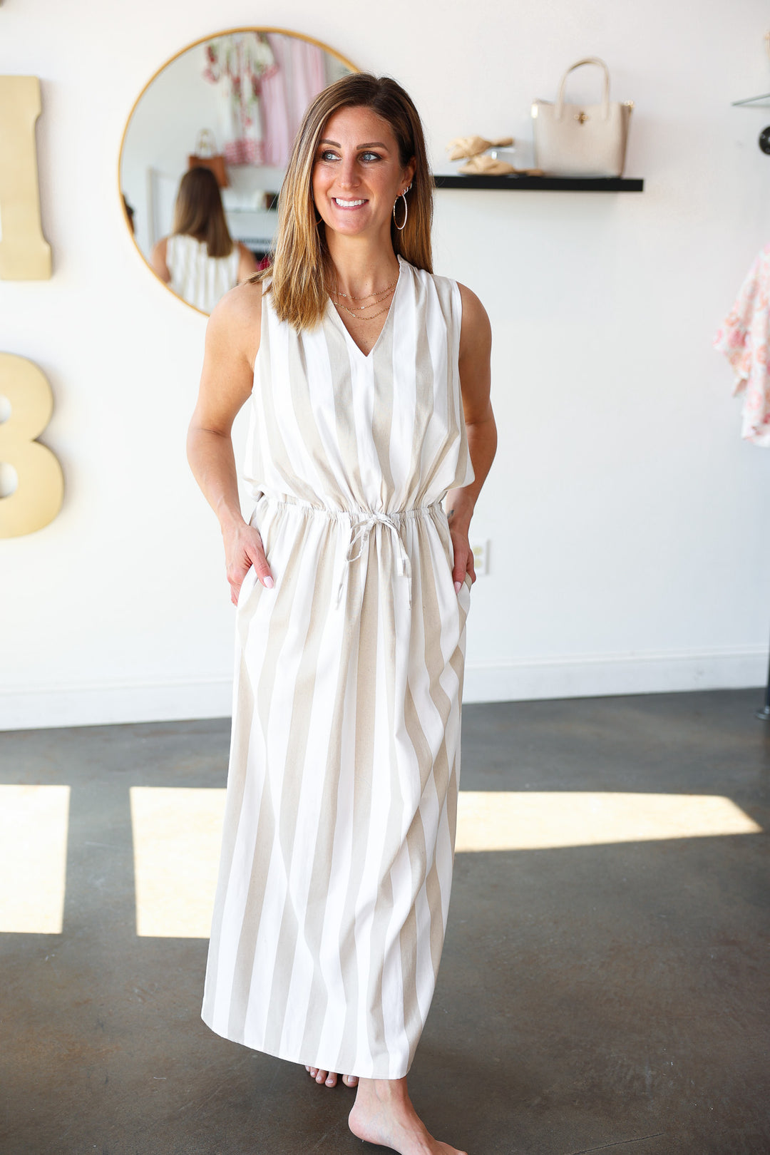 Striped Maxi Dress - Off White/Taupe