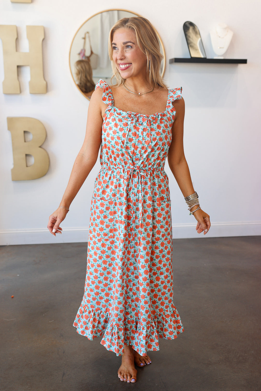 Floral Midi Dress - Sky/Orange Large Floral Midi Dress - Sky/Orange Large