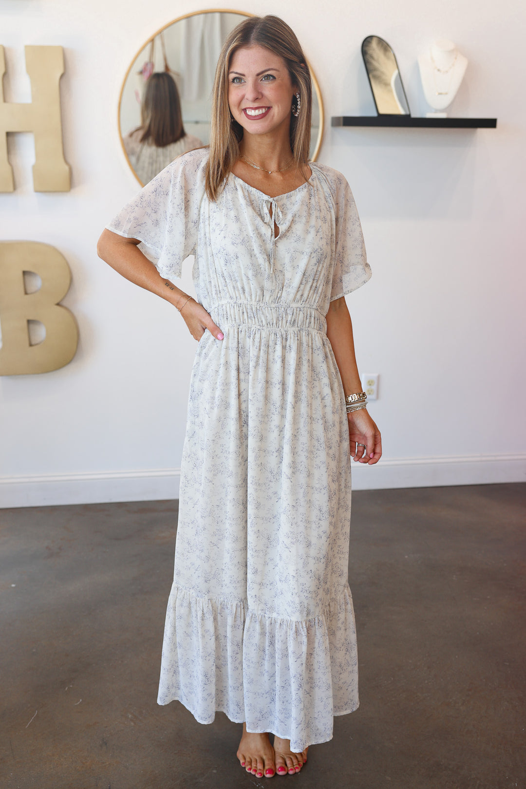 Floral Flutter Sleeve Midi Dress - Blue/Cream