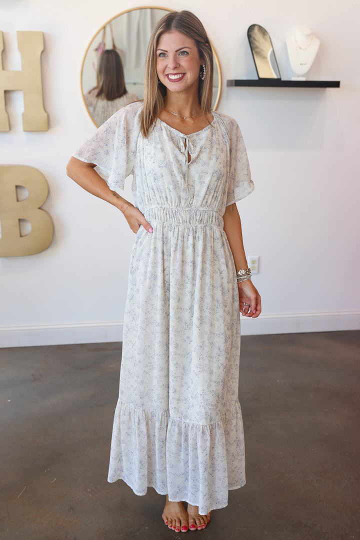 Floral Flutter Sleeve Midi Dress - Blue/Cream