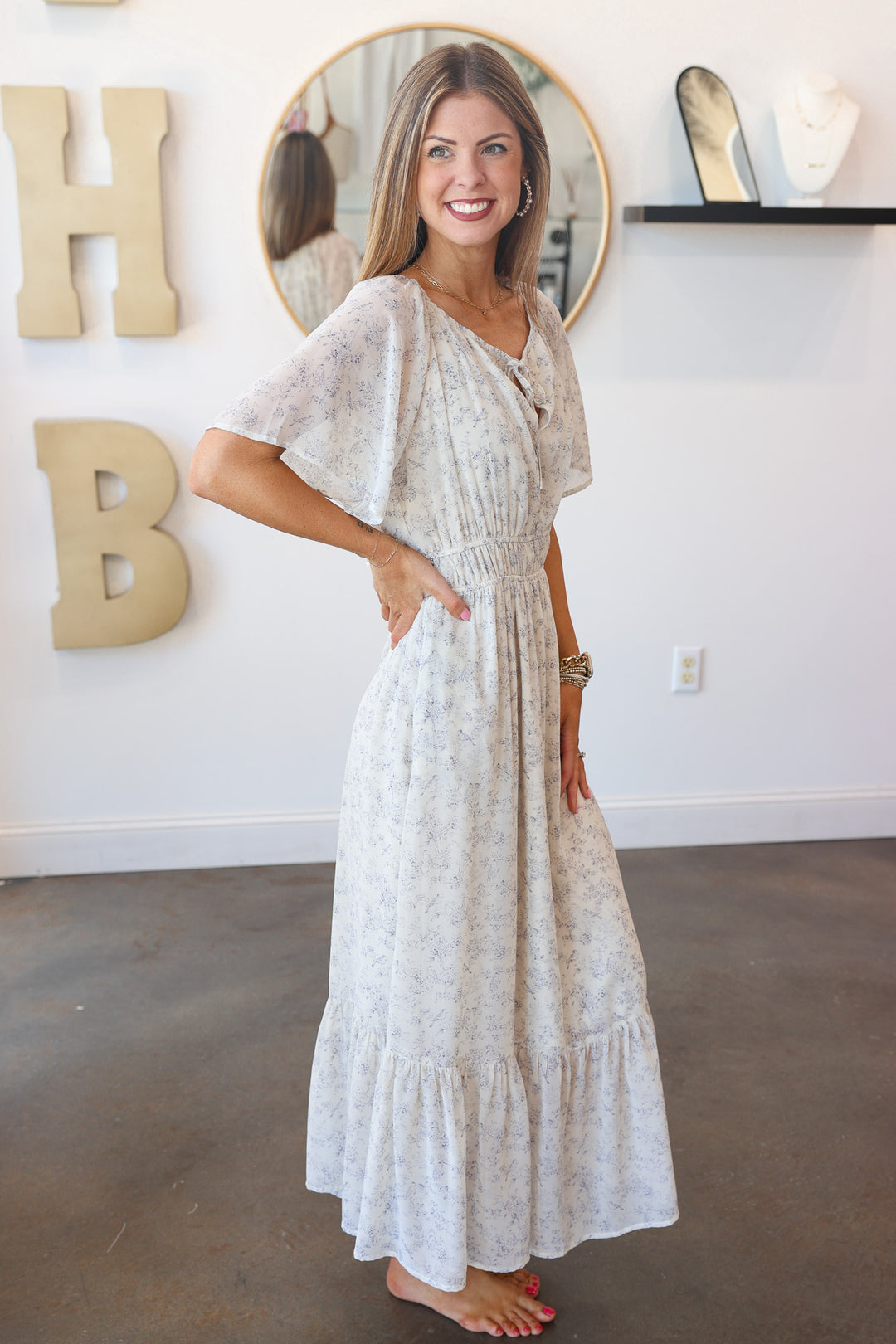 Floral Flutter Sleeve Midi Dress - Blue/Cream
