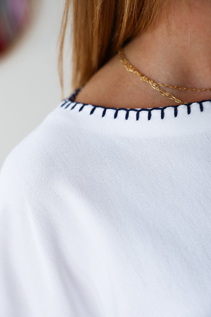 Stitch Trim Knit Top - White