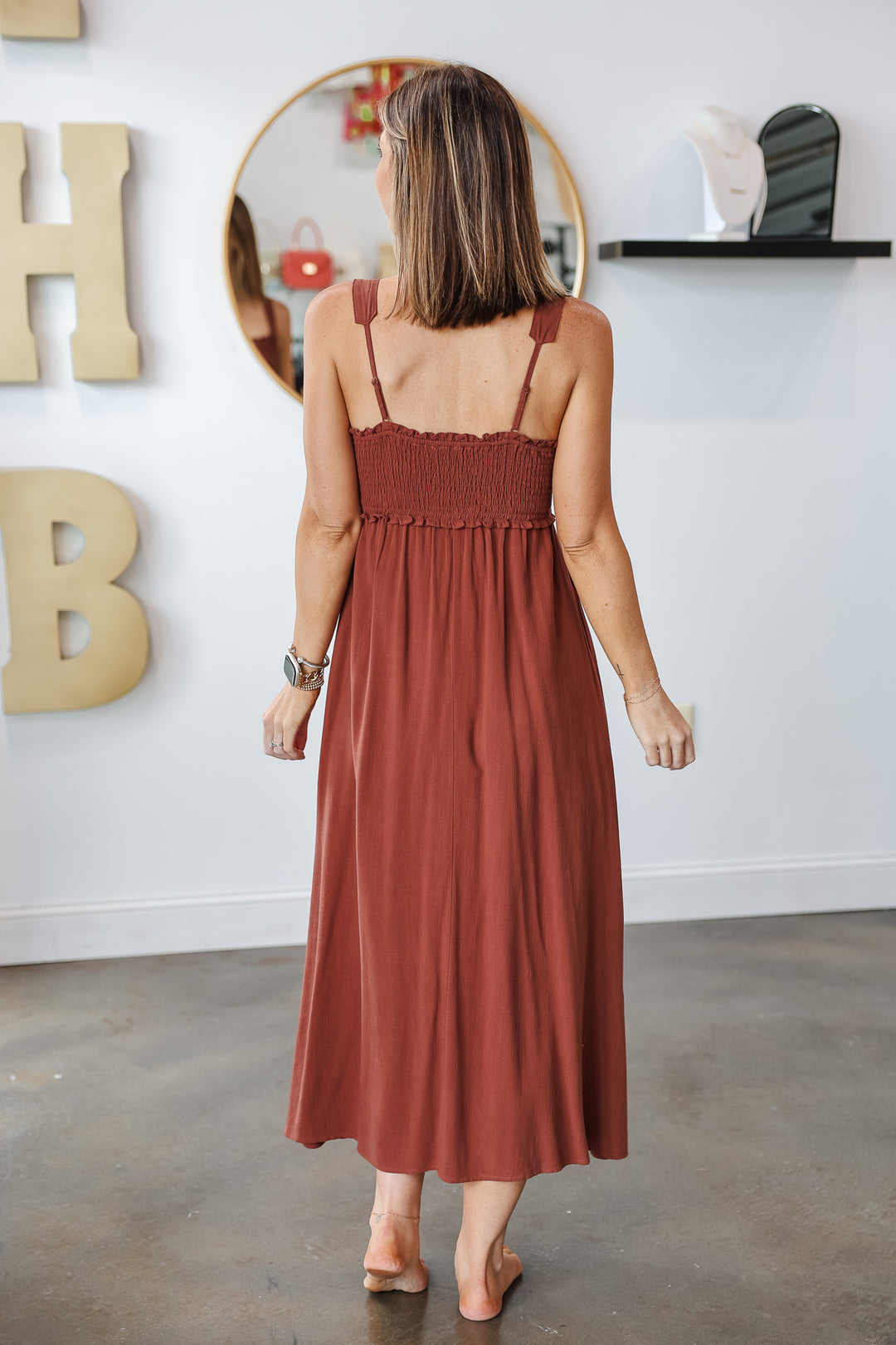 Button Front Midi Dress - Brown