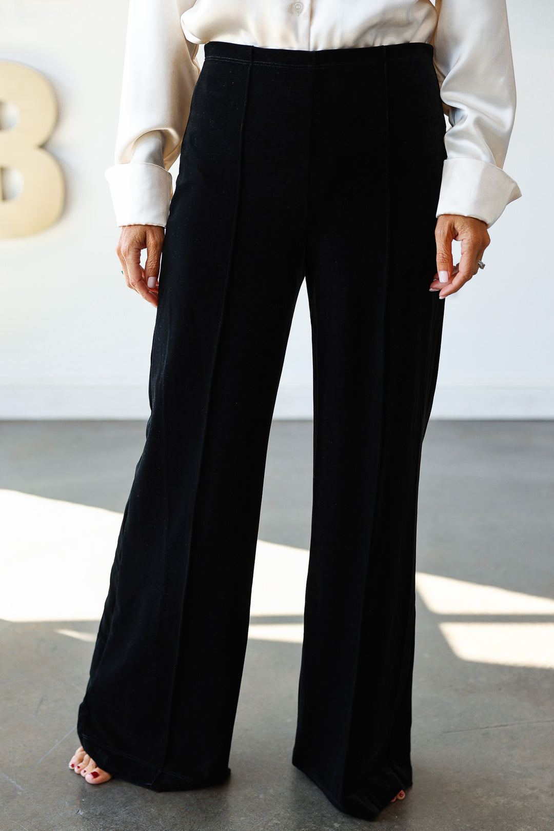 Velvet Pintuck Seam Pants - Black