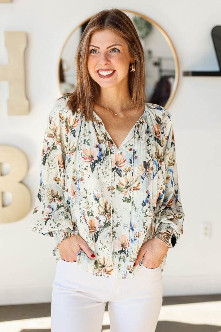 Long Sleeve Floral Blouse - Cream