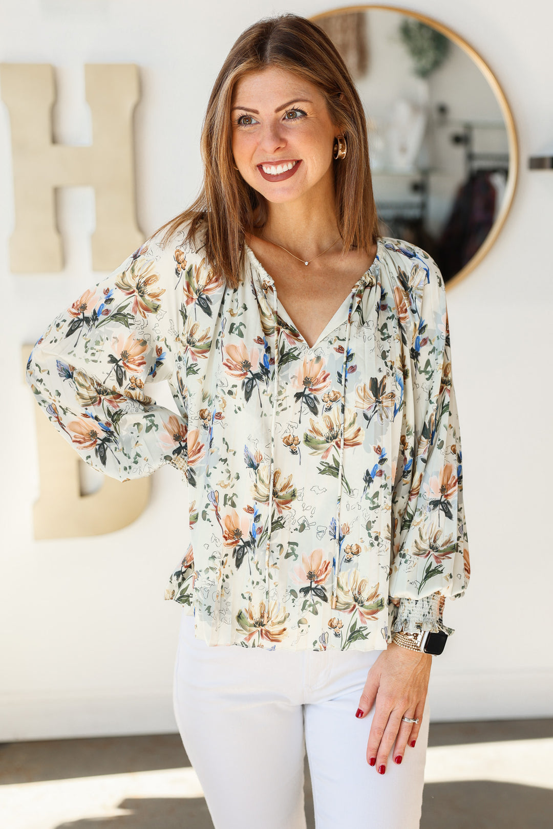 Long Sleeve Floral Blouse - Cream