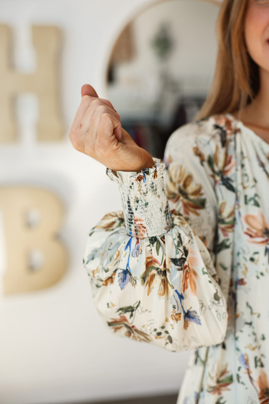 Long Sleeve Floral Blouse - Cream