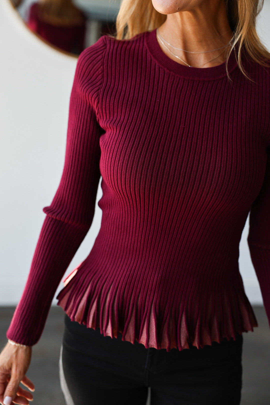 Flared Hem Sweater - Burgundy