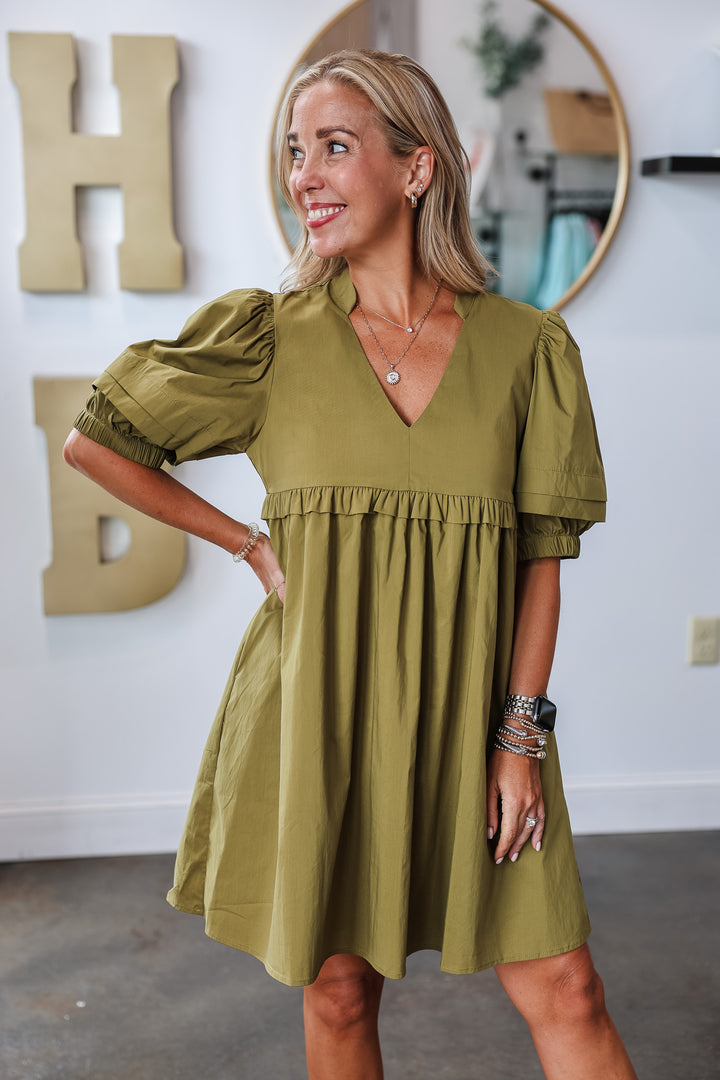 Short Sleeve V Neck Dress - Olive