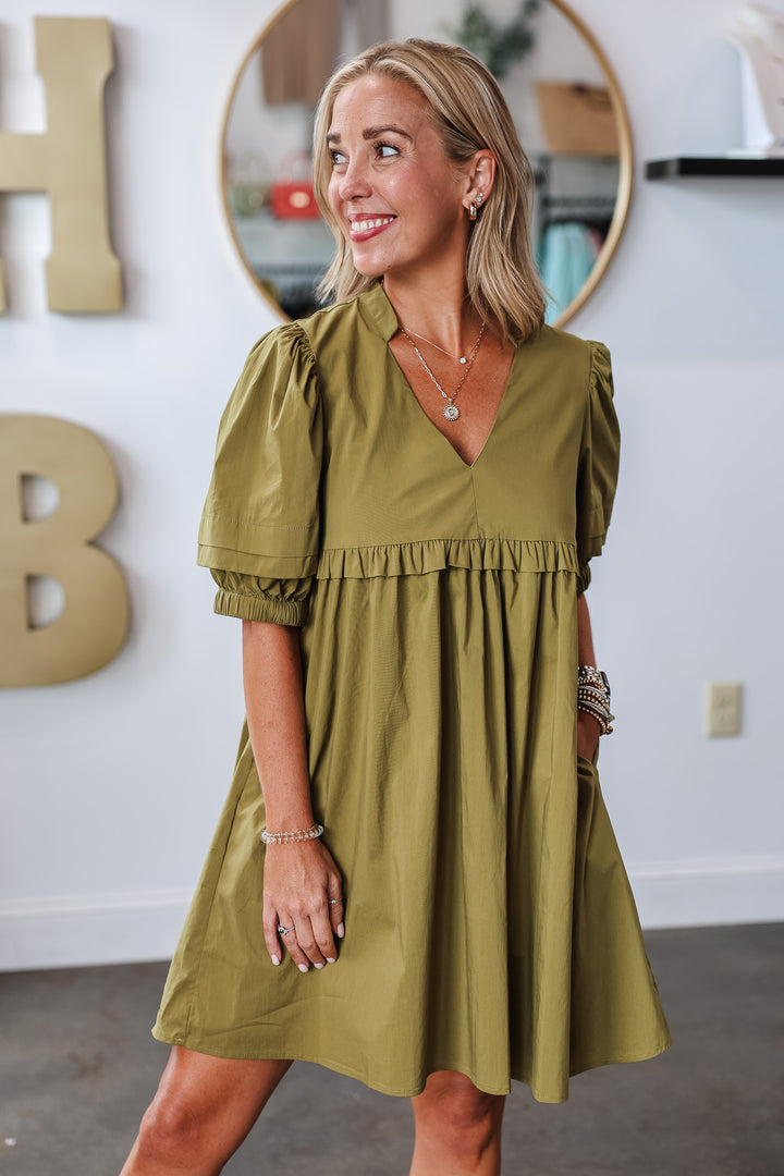 Short Sleeve V Neck Dress - Olive