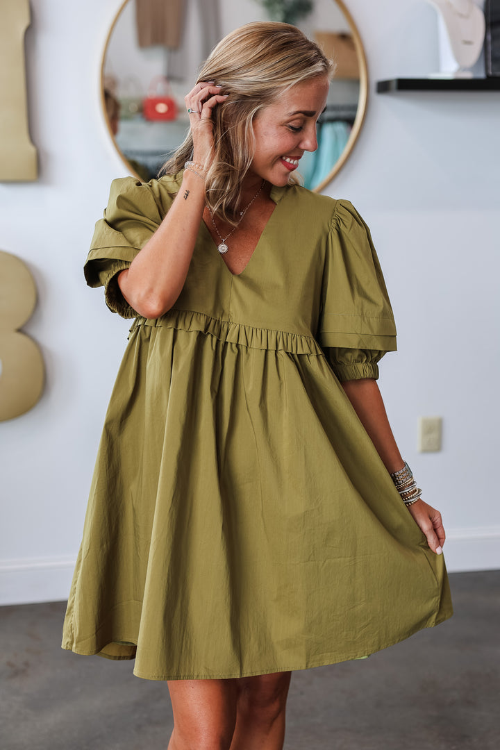 Short Sleeve V Neck Dress - Olive