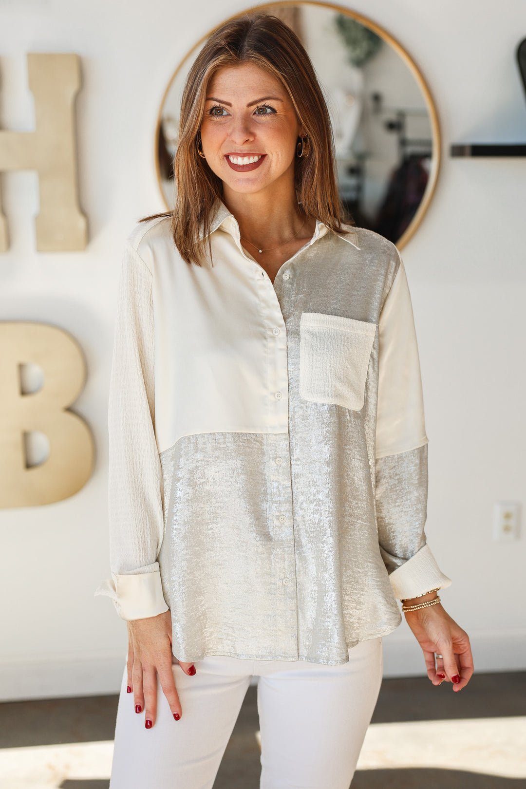 Mixed Media Button Down Blouse