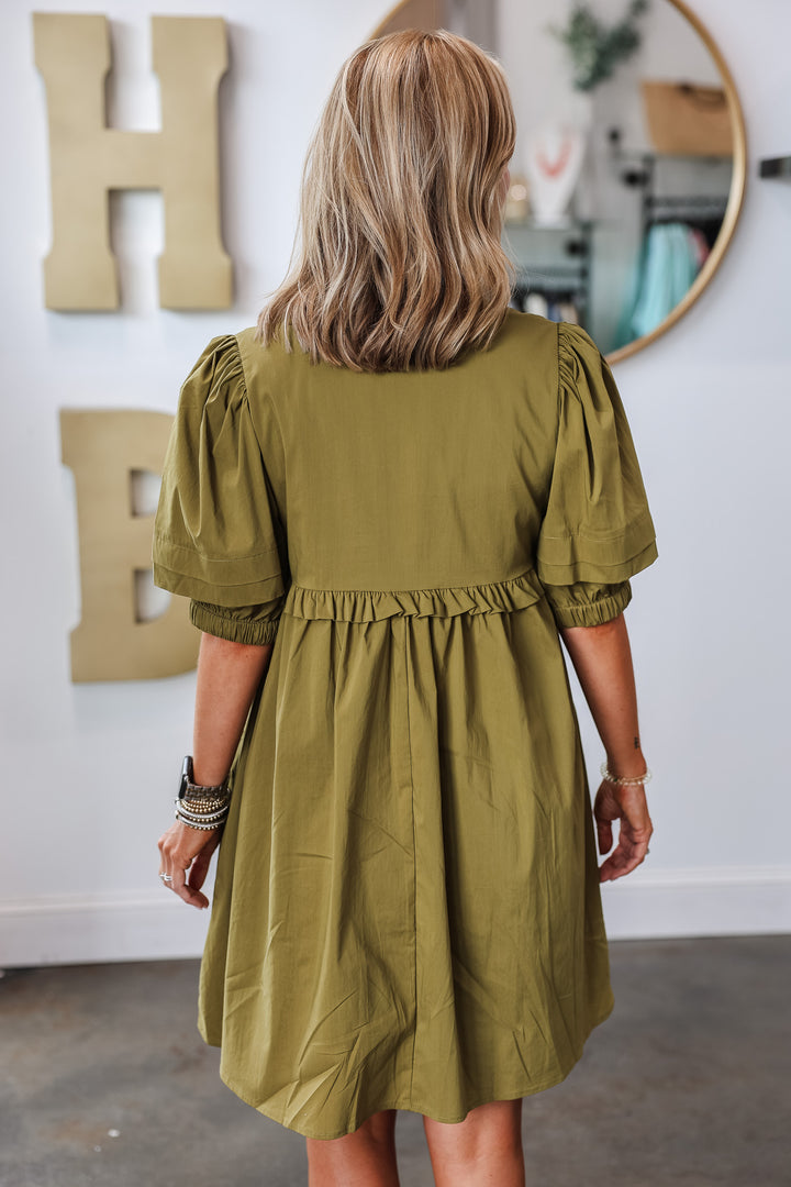 Short Sleeve V Neck Dress - Olive