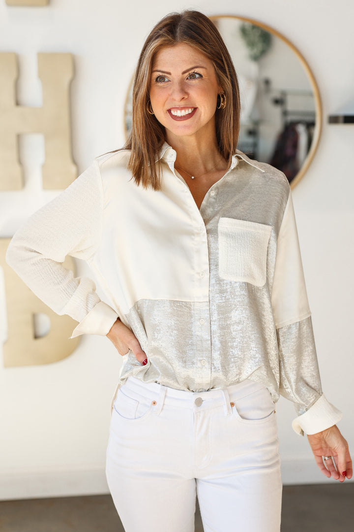 Mixed Media Button Down Blouse