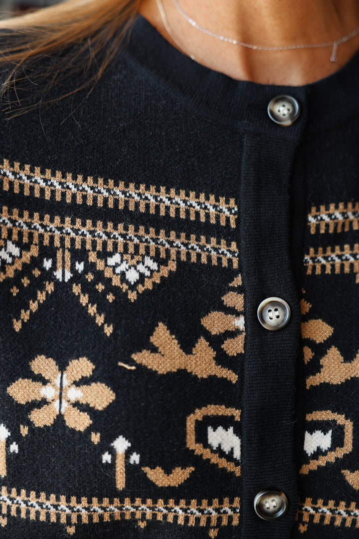 Button Front Pattern Cardigan - Black