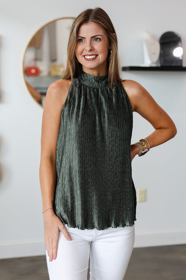 High Neck Textured Top - Olive