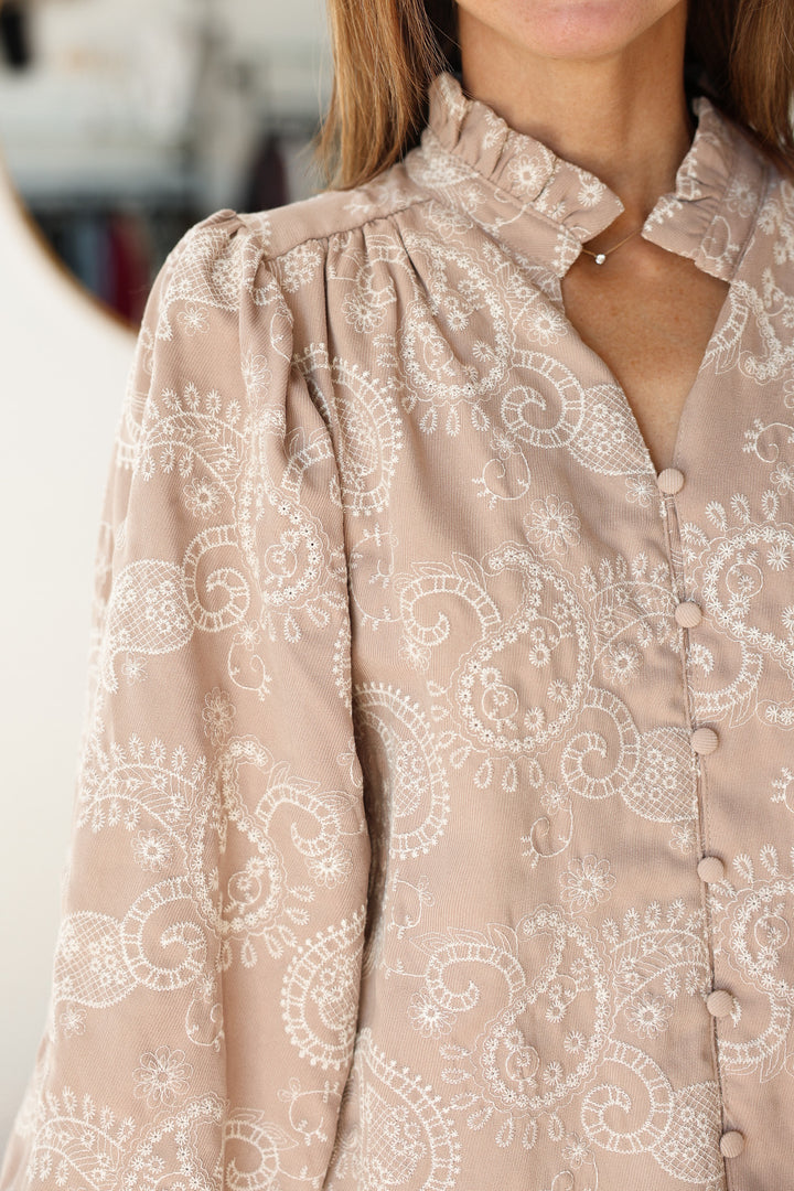 Paisley Embroidered Top - Taupe