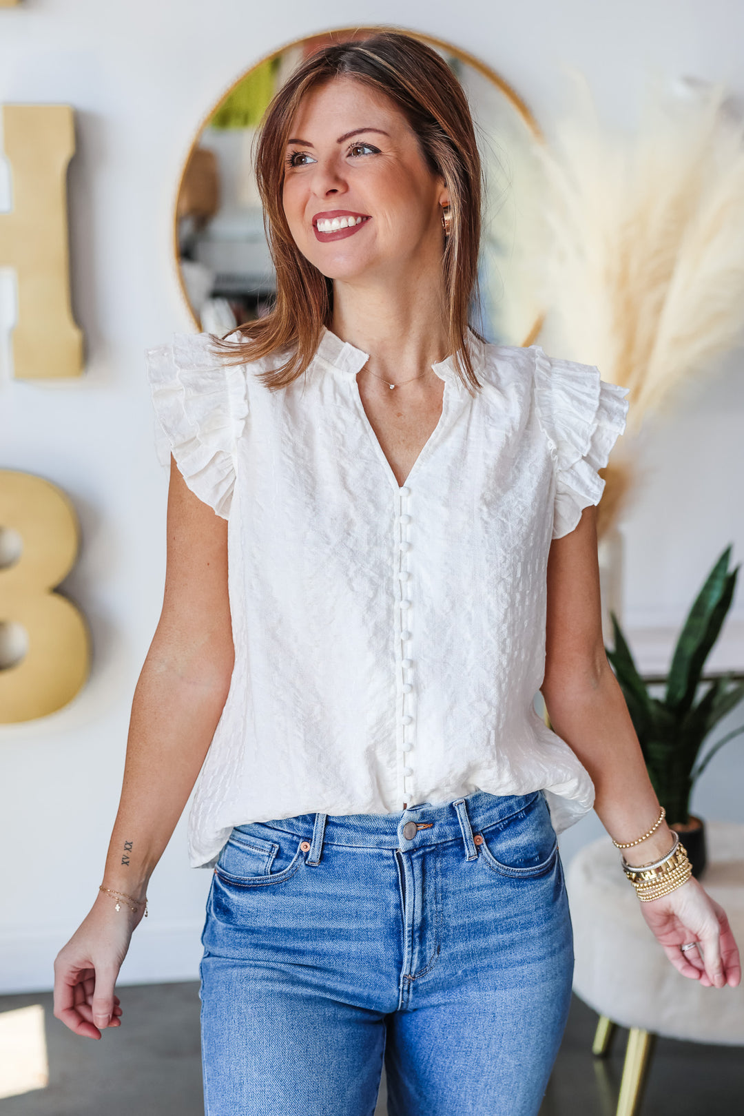 Ruffle Sleeve Button Front Top - White