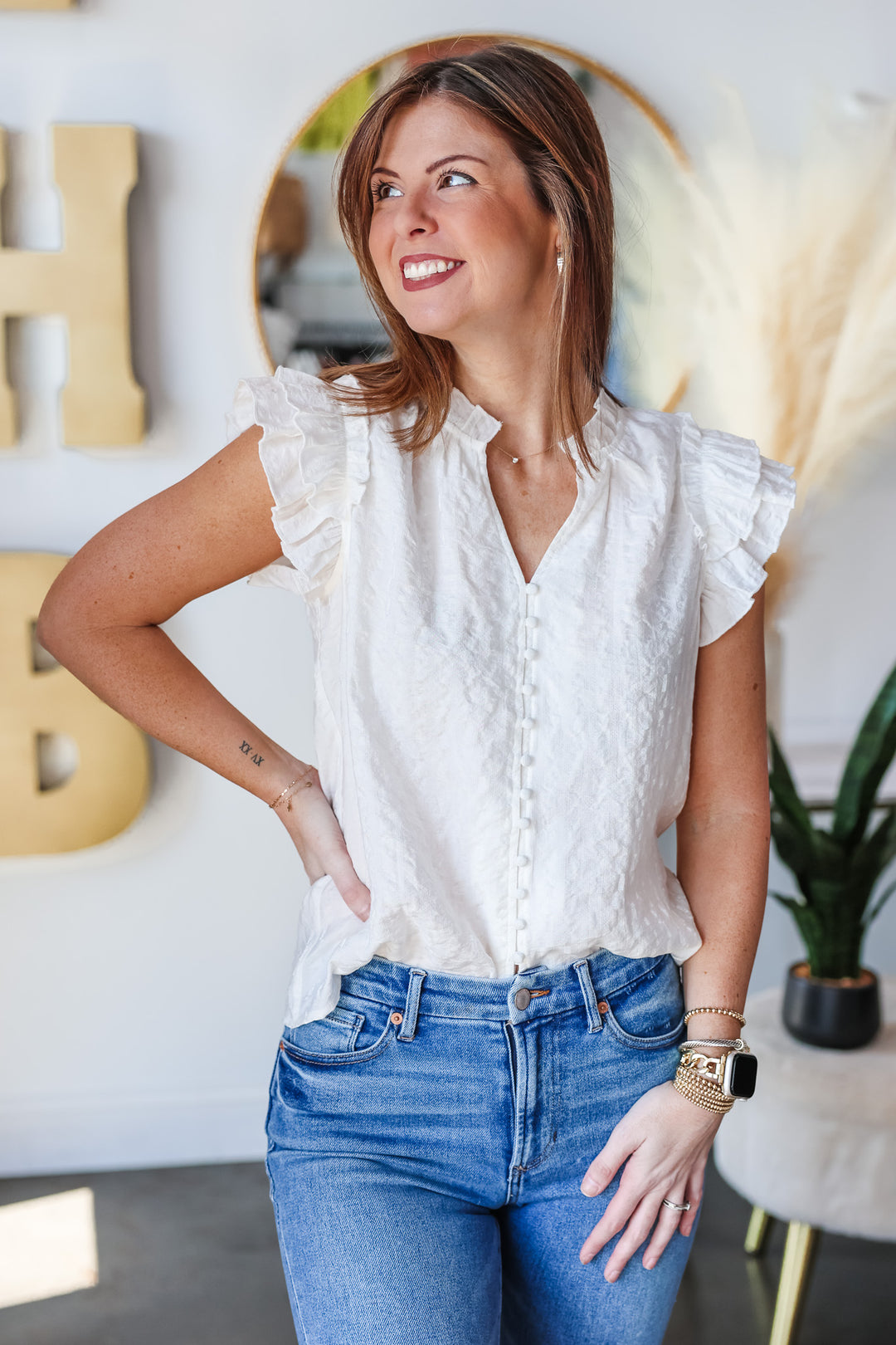 Ruffle Sleeve Button Front Top - White