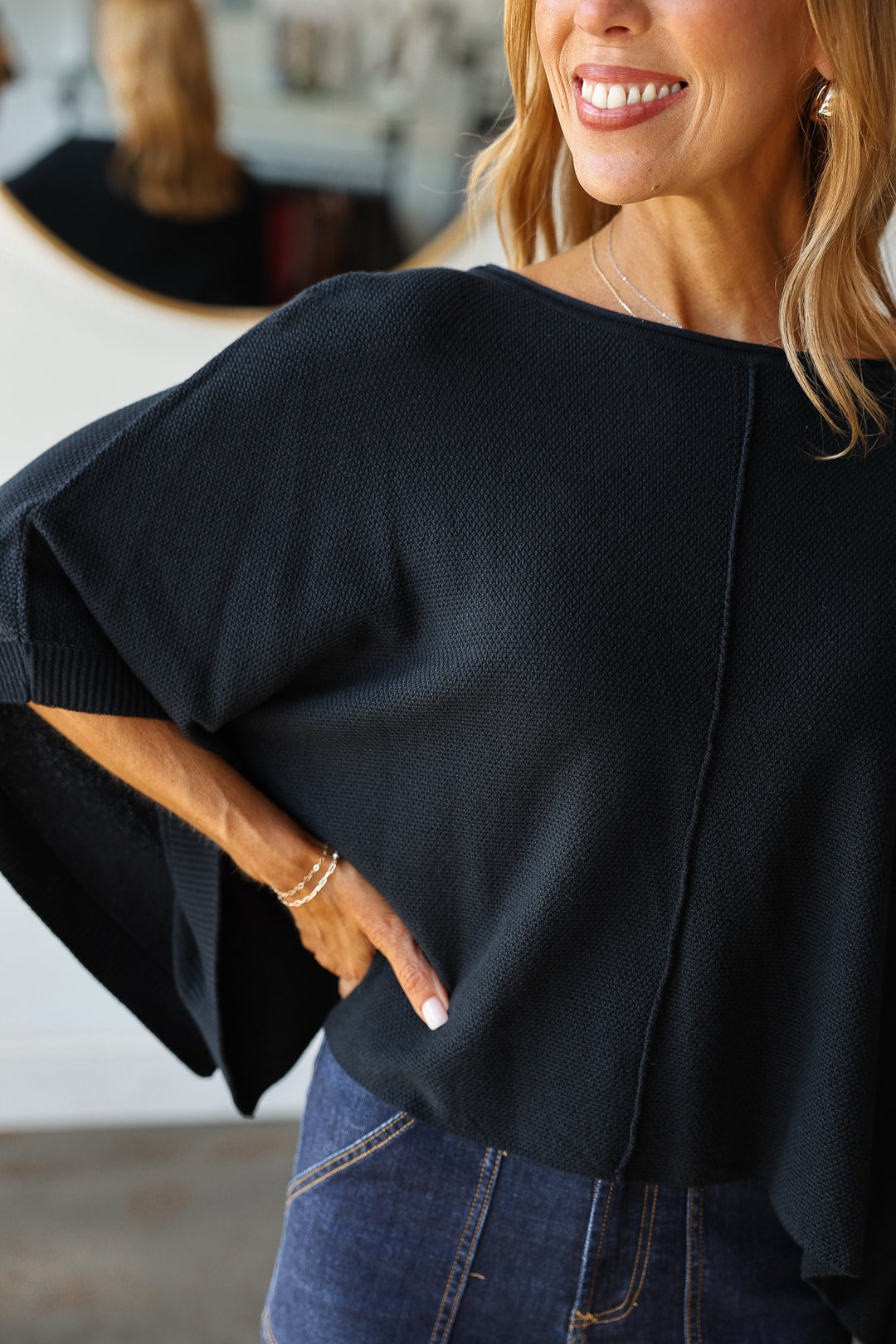 Boat Neck Knit Top - Black