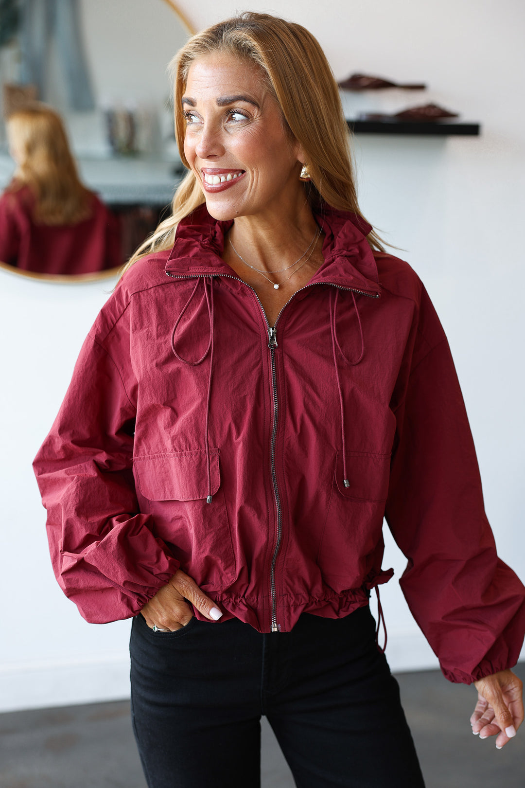 Drawstring Utility Jacket - Burgundy
