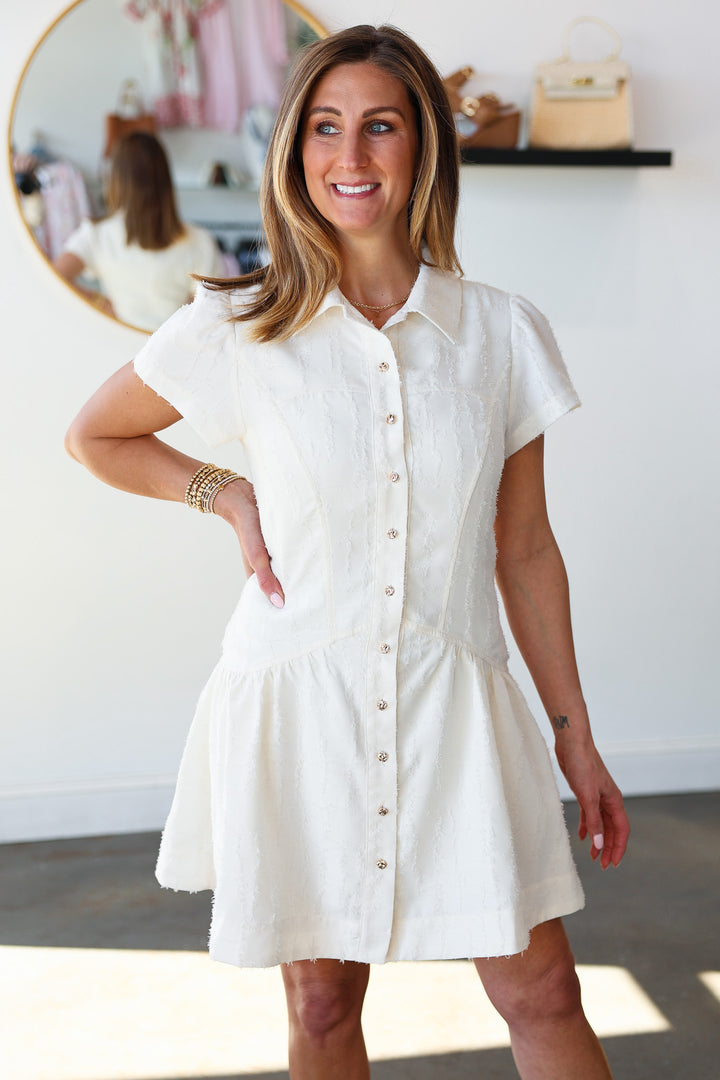 Textured Button Front Dress - Off White