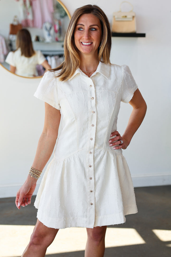 Textured Button Front Dress - Off White