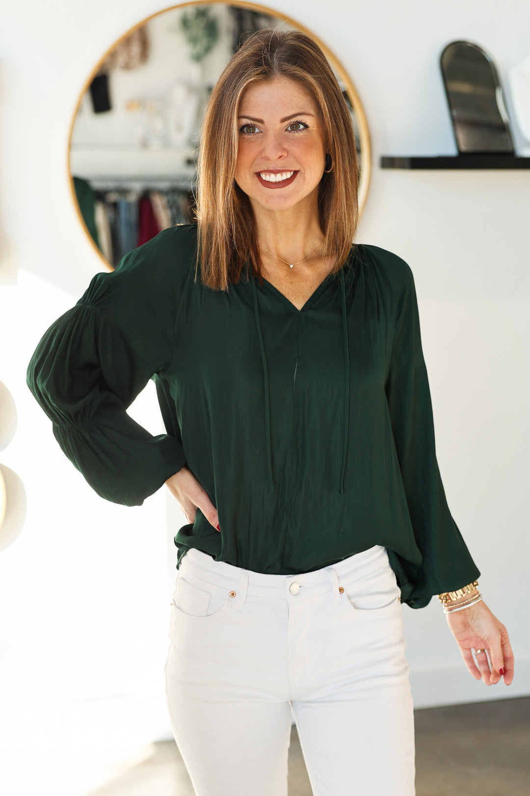 Long Sleeve Satin Blouse - Deep Emerald Small Long Sleeve Satin Blouse - Deep Emerald Small
