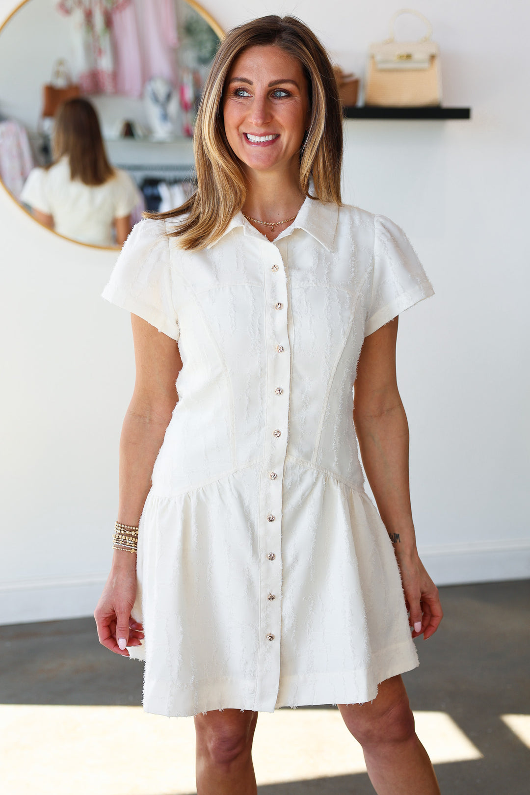Textured Button Front Dress - Off White