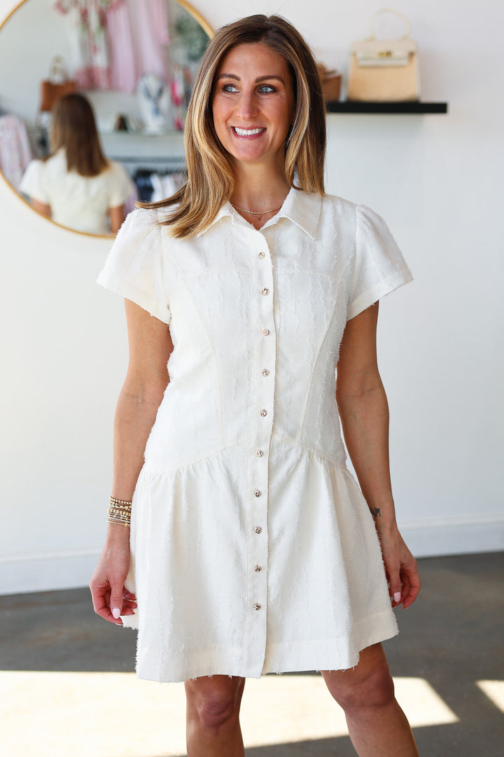 Textured Button Front Dress - Off White